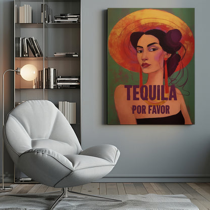 A stylized portrait of a woman with dark hair, bold eyebrows, and red lipstick, wearing a large orange sun hat and long red earrings. The text 'TEQUILA POR FAVOR' is written in a dark purple font in front of her. Poster