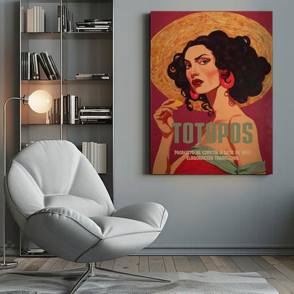 A vintage-style advertisement poster for 'Totopos'. The illustration features a glamorous woman with dark curly hair, red lipstick, and large red earrings, wearing a wide-brimmed straw hat. She holds a single tortilla chip and looks directly at the viewer against a rich red background. The text 'TOTOPOS' is prominent in the center. Artwork