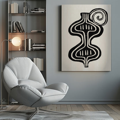 A minimalist abstract artwork in a black frame, featuring a bold, black, symmetrical figure with curvaceous lines against an off-white background. The figure, reminiscent of a vase or an hourglass, has white line details and is paired with a large black spiral at the top. Print
