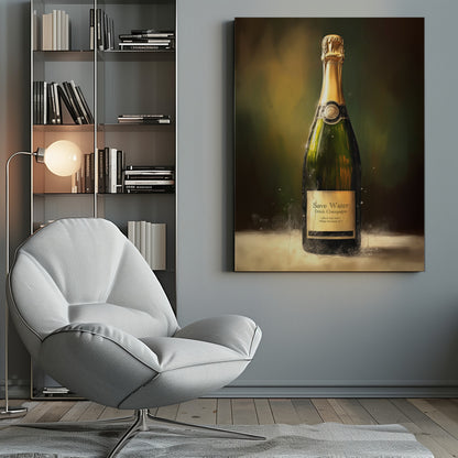 A painterly style artwork of a single bottle of champagne against a dark, moody background. The green bottle has a gold foil top and an aged label that reads, 'Save Water, Drink Champagne. Life is too short. Make the best of it.' The artwork is enclosed in a simple black frame. Poster