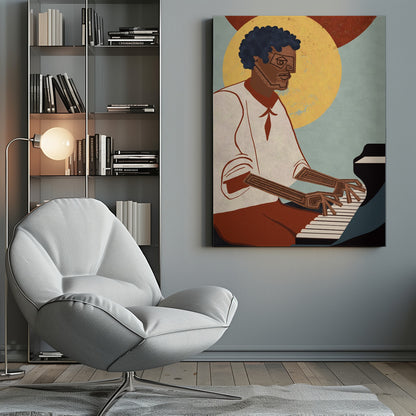 A stylized illustration of a Black man with an afro and geometric glasses playing a grand piano. His arms and hands are depicted with intricate line patterns. The background features a large yellow circle and a smaller red one against a muted blue, textured sky. Artwork