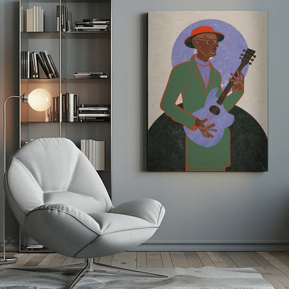 A stylized illustration of a musician in a black frame. The Black man, wearing a green jacket, red hat, and geometric glasses, plays a light purple guitar against a background with a large purple circle and a dark semi-circle. Wall Art
