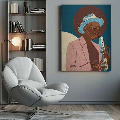 A stylized illustration of a Black man wearing a light blue fedora and a pink jacket. He is playing a light-colored wind instrument against a dark blue background with a large brown circle behind his head. The art style is geometric and graphic. Artwork