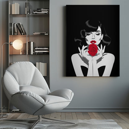 A high-contrast graphic illustration of a woman with dark wavy hair and closed eyes, holding a single vibrant red rose in front of her mouth. The image is primarily black and white, with selective color on her red lips and the rose. Decor