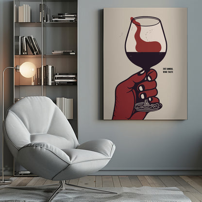A vintage-style graphic poster advertising the '21st Annual Wine Taste'. A stylized red hand holds a wine glass filled with dark red wine, which is being swirled, creating a dynamic splash against a light beige background. Decor