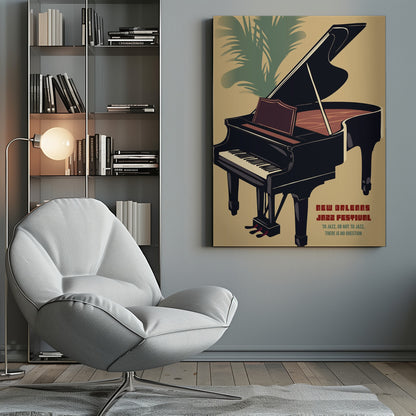 A vintage-style illustrated poster for the New Orleans Jazz Festival. The poster features a large black grand piano with its lid propped open, set against a tan background. In the upper left corner, the green fronds of a palm tree are visible. Text in the lower right corner reads 'NEW ORLEANS JAZZ FESTIVAL' and 'TO JAZZ, OR NOT TO JAZZ, THERE IS NO QUESTION'. The entire image is enclosed in a black frame. Artwork