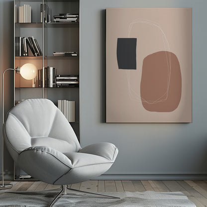 A minimalist abstract artwork in a black frame. The piece features a dark charcoal rectangle and a larger, organic terracotta brown shape on a dusty pink background. A thin, white, scribbled line loops loosely around both shapes, connecting them. Decor