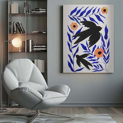A graphic art print featuring two black bird silhouettes flying amidst stylized branches with bold cobalt blue leaves and three orange-peach flowers against a white background. Decor