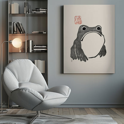 A minimalist Japanese-style ink wash painting of a stylized frog with a grumpy expression. The frog is rendered in black ink on a cream-colored paper, with a large white throat pouch. A red artist's seal is stamped above the frog's head. The artwork is presented in a simple black frame. Artwork
