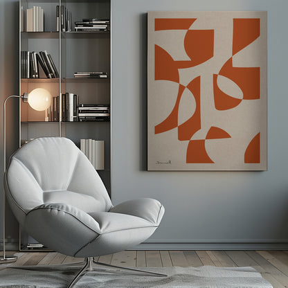 A framed abstract art piece with bold, burnt-orange shapes that are both curved and angular, overlapping on a textured, light beige background. A simple signature is in the bottom-left corner. Poster