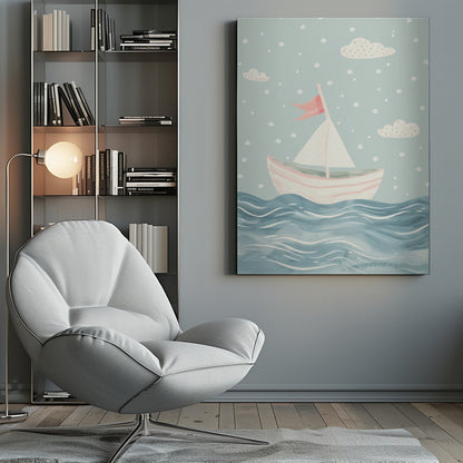 A whimsical illustration of a pink and white sailboat on a wavy blue sea. The sky is a soft, light blue with simple clouds and white polka dots, giving the art a dreamy, storybook feel. The entire piece is framed in black. Decor
