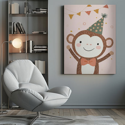 A whimsical illustration of a happy cartoon monkey wearing a green polka-dot party hat and a salmon-colored bow tie. The monkey is smiling with its arms raised in celebration against a light pink background with confetti and a string of party bunting overhead. The artwork has a textured, painted look and is enclosed in a black frame. Poster