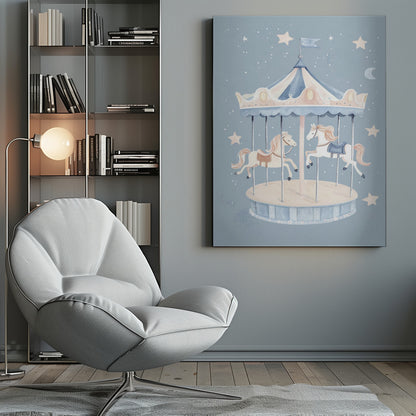A whimsical watercolor illustration of a carousel with two horses against a soft blue background dotted with stars and a crescent moon. The merry-go-round has a blue and cream striped canopy. Print