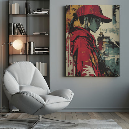 A stylized illustration of a person in profile with teal-toned skin, wearing a bright red backwards baseball cap and a matching red hoodie. The background is an abstract, distressed collage of yellow, teal, and off-white, giving the piece a gritty, street art aesthetic. Poster