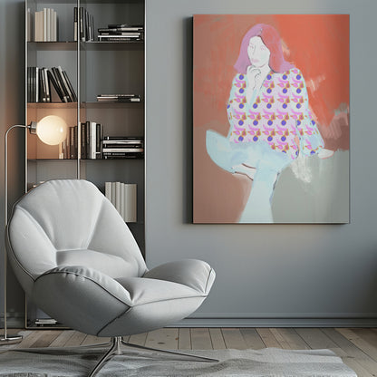 A stylized digital painting of a woman with pink hair against a warm, painterly orange and tan background. She wears a vibrant blouse with a repeating fig pattern and light blue trousers, posing thoughtfully with her hand to her chin. Artwork