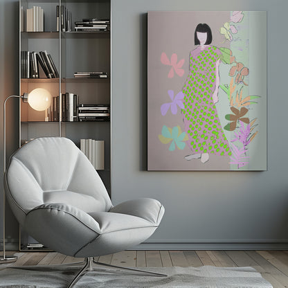 A contemporary fashion illustration of a woman with a black bob haircut. She wears a long, one-shoulder pink dress covered in a pattern of bright green apples. The background is a mix of muted pink and green, decorated with stylized pastel flowers and botanical drawings. Print