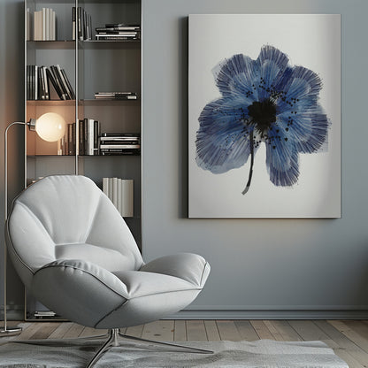 A framed modern illustration of a single large blue flower on a white background. The flower's petals are rendered with a combination of light blue watercolor wash and fine, radiating dark blue lines, creating a sense of texture. The center of the flower is a solid black mass, with smaller black shapes scattered across the petals, and it has a thin black stem. Wall Art