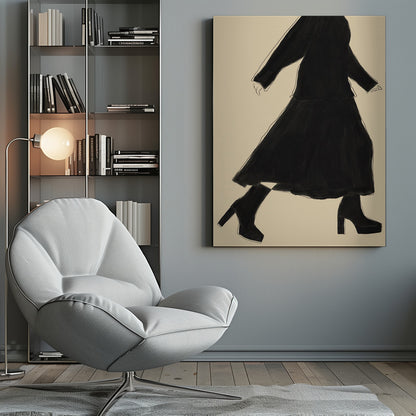 A minimalist fashion illustration of a walking woman, rendered as a black silhouette with a fine white outline against a solid cream background. She wears a long-sleeved top, a long skirt, and chunky platform high-heeled boots. The artwork is presented in a simple black frame. Artwork