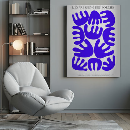 A modern art poster with a black frame titled 'L'EXPRESSION DES FORMES'. The artwork features a collection of abstract, organic, hand-like shapes in a vibrant cobalt blue arranged against an off-white background. There is smaller French text at the bottom. Wall Art