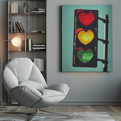 A vertical traffic light against a solid teal sky, with its red, yellow, and green signals all shaped like glowing hearts. Wall Art