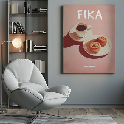 A poster with a pink background featuring the word 'FIKA' in white at the top. Below the text is a cup of black coffee and two cinnamon buns on white plates, with strong shadows. At the bottom, it reads 'MADE IN SWEDEN'. Poster