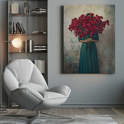 A fine art portrait of a woman in a long, dark green dress holding a massive bouquet of vibrant red flowers that completely hides her face, standing against a textured, rustic wall. Wall Art
