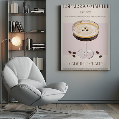 A vintage-style art print poster for an Espresso Martini. It features a detailed illustration of the cocktail in a ribbed coupe glass, garnished with three coffee beans on its foam. The background is beige and pink, with text that reads 'ESPRESSO MARTINI', 'EST. 1952', 'MADE IN ENGLAND', and a description of the drink. The poster has a thin black border. Decor