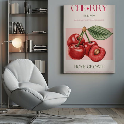 A vintage-style botanical poster of cherries with a black frame. The poster features a detailed illustration of four red cherries on a pink background. Above the illustration, the word 'CHERRY' is printed in large magenta letters, with 'EST. 1959' below it. At the bottom, it says 'HOME GROWN' in green, followed by a descriptive paragraph about cherries on a cream background. Poster