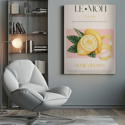 A vintage-style poster about lemons featuring a detailed illustration of a whole and sliced lemon with leaves against a pink background. The poster has text elements like 'LE•MON', 'EST. 1951', and 'HOME GROWN' in a classic font. Print