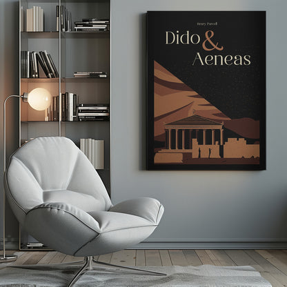 A minimalist poster for Henry Purcell's opera 'Dido & Aeneas'. Against a black, starry night sky, the title is written in elegant cream and brown fonts. The lower portion illustrates an ancient classical temple and ruins in various shades of brown, with two small silhouetted figures standing nearby. Print
