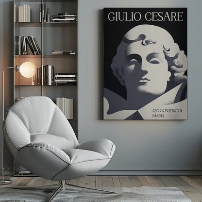 A minimalist, Art Deco-style poster for the opera 'Giulio Cesare' by Georg Friedrich Händel. It features a stylized, sculptural portrait in shades of grey against a solid black background, characterized by strong, graphic shadows. The title 'GIULIO CESARE' is at the top in white, and the composer's name is at the bottom right. Artwork