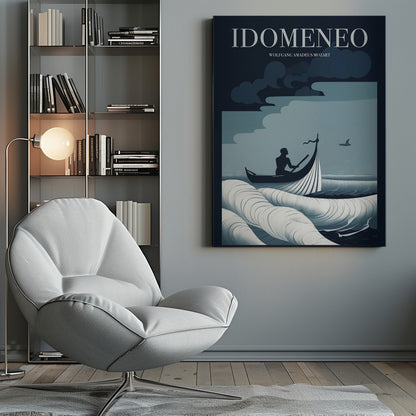 A minimalist poster for Wolfgang Amadeus Mozart's opera 'Idomeneo', featuring a silhouetted figure in a small boat navigating large, stylized waves under a dark, cloudy sky. The color palette is composed of shades of blue, white, and black. Print