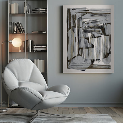 An abstract artwork in a black frame, featuring a dynamic collage of layered shapes and energetic brushstrokes in a neutral palette of gray, black, beige, and white. Artwork