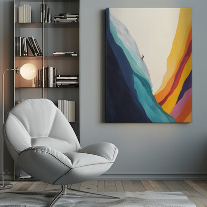 A minimalist illustration of a lone climber scaling a massive, colorful mountain. The left side of the mountain is made of flowing bands of cool blues and whites, while the right canyon wall is composed of warm, vibrant stripes of yellow, orange, red, and purple against an off-white sky. Artwork