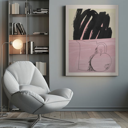 An abstract still life artwork with a split background. The bottom half is a textured pink, featuring a simple black line drawing of a pitcher and a round fruit. The top half is a cream color, dominated by a large, expressive black brushstroke with pink accents showing through. The piece is framed in black. Artwork