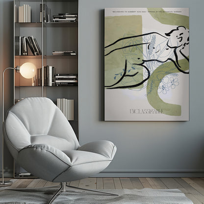 An abstract art print in a black frame, featuring sage green painted shapes on an off-white background. Overlaid are two distinct styles of drawing: a bold, black ink line suggesting a reclining figure, and delicate, blue-gray line art of various flowers and leaves. Text at the top reads 'BELONGING TO SUMMER' and 'SPRING IN THE BOTANICAL GARDEN', and the word 'UNCLASSIFIABLE' is at the bottom. Poster