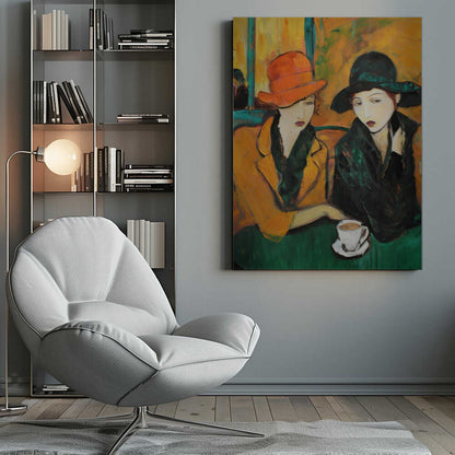 An expressionist-style painting of two women sitting at a green table in a cafe. The woman on the left wears a bright orange hat and a yellow coat, while the woman on the right wears a dark green hat and coat. A single white cup of coffee sits on the table. Poster