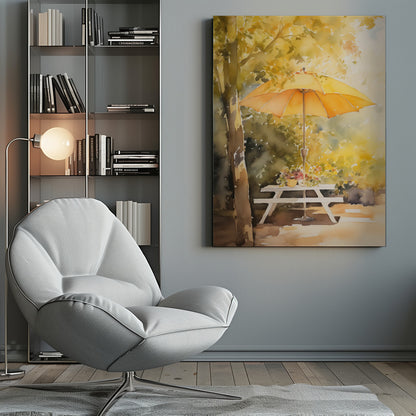 A soft watercolor painting of a sunny autumn scene, featuring a bright yellow-orange umbrella shading a white picnic table under a tree with golden leaves. Artwork