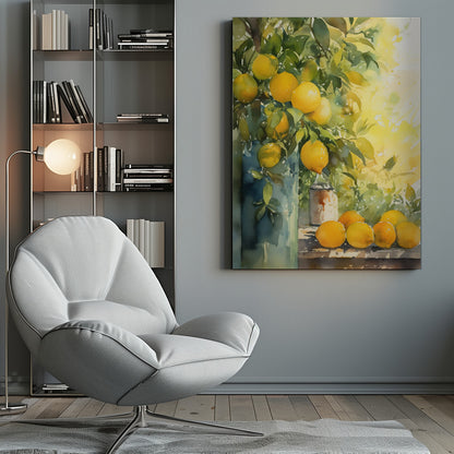 A vibrant watercolor painting of a lemon tree, with ripe yellow lemons nestled among lush green leaves. Some branches are arranged in a tall blue-green vase, while a cluster of freshly picked lemons rests on a wooden table. The background is a bright, sunny yellow, suggesting a warm, sunny day. Artwork