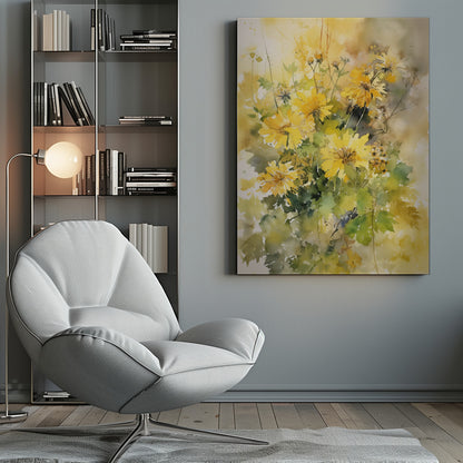 A delicate watercolor painting of a bouquet of vibrant yellow chrysanthemums with lush green leaves, set against a soft, blended background of warm yellows and earthy tones. The artwork is displayed in a thin black frame. Decor
