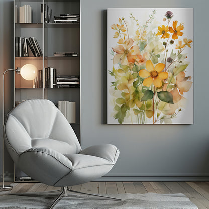 A delicate watercolor painting of a bouquet of wildflowers in shades of yellow, orange, and peach, with soft green leaves and stems against a white background, all within a thin black frame. Poster