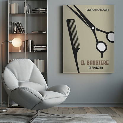 A minimalist poster for Gioachino Rossini's opera 'Il Barbiere di Siviglia'. The design features black silhouettes of a comb and scissors against a beige background. The composer's name and the opera's title are written in stylized fonts. The poster is enclosed in a black frame. Decor