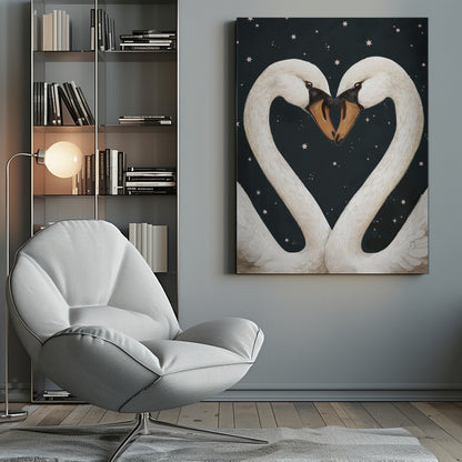 An illustration of two white swans facing each other, their gracefully curved necks forming a perfect heart shape against a dark, starry night sky. Their beaks are touching in the center. Wall Art