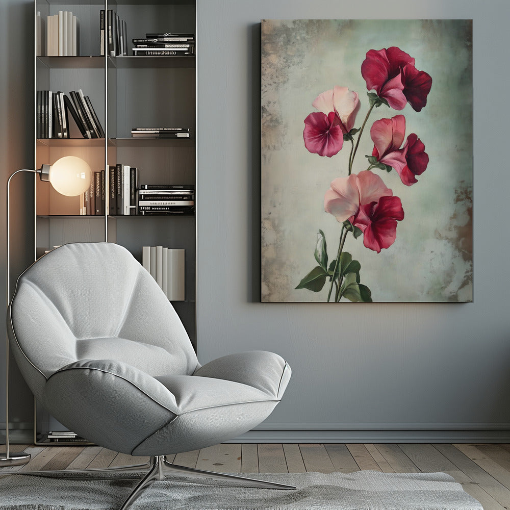 A vintage-style painting of several sweet pea flowers in shades of deep red and light pink against a textured, pale green-grey background, presented in a simple black frame. Artwork