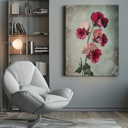 A vintage-style painting of several sweet pea flowers in shades of deep red and light pink against a textured, pale green-grey background, presented in a simple black frame. Artwork