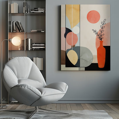 A modern abstract art print in a black frame, featuring a composition of geometric and organic shapes in coral, yellow, blue, and gray. On the right, a red-orange vase holds a black line drawing of a plant, with a large coral circle above it, creating a balanced and minimalist still life. Decor