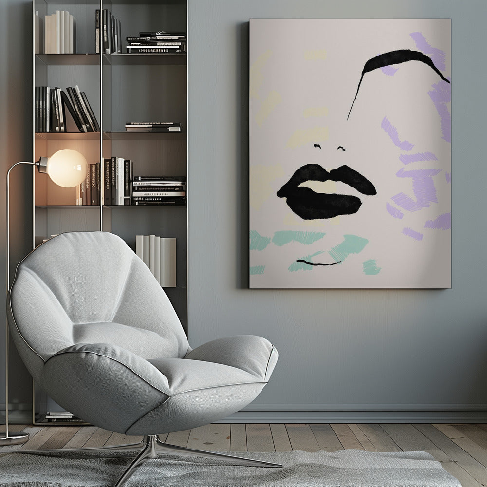 An abstract, minimalist illustration of a woman's face on a beige background, framed in black. Bold black ink defines the lips and a sweeping eyebrow, while areas of the face are filled with scribbled patches of pastel purple, blue, and yellow. Print