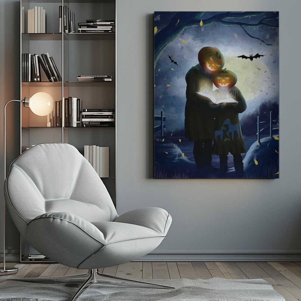 A whimsical Halloween illustration of two figures, one taller and one smaller, with glowing jack-o'-lanterns for heads. They stand together in a dark, moonlit field at night, reading from a book that radiates a bright, magical light. Bats fly across the full moon, and yellow leaves fall around them. Poster