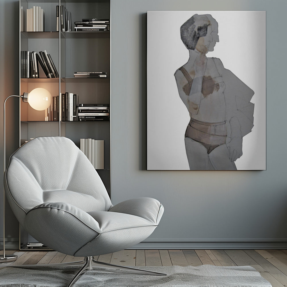 A modern abstract painting of a woman in a black frame. The figure is depicted in layered, translucent shades of gray, black, and brown against a white background. She has short dark hair and is wearing lingerie, looking away to the side. Wall Art