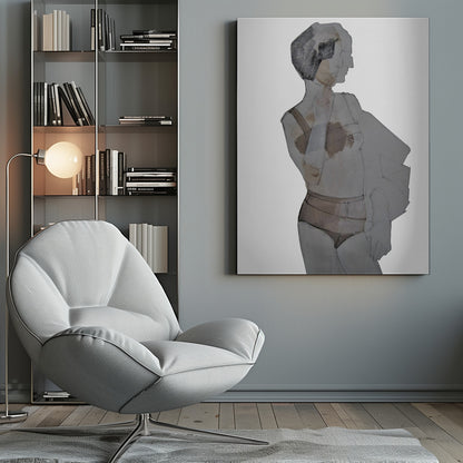 A modern abstract painting of a woman in a black frame. The figure is depicted in layered, translucent shades of gray, black, and brown against a white background. She has short dark hair and is wearing lingerie, looking away to the side. Wall Art
